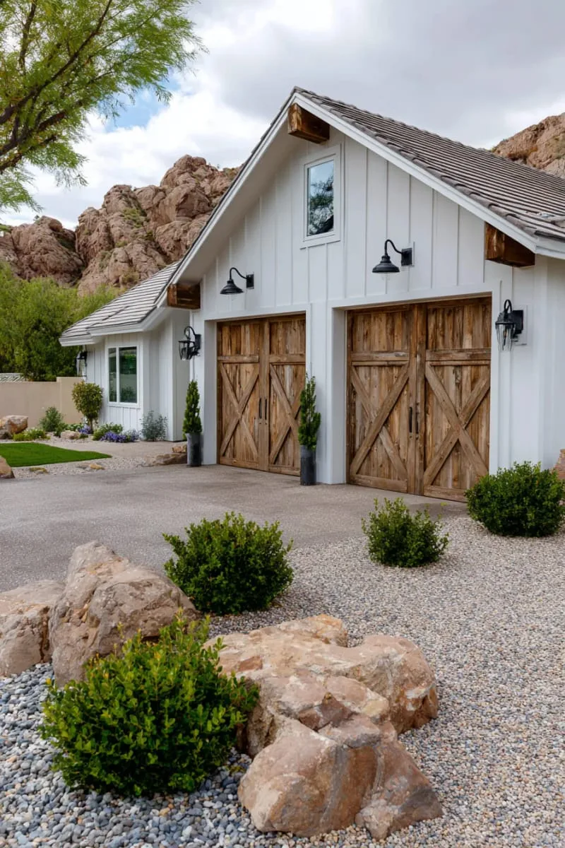 19 Ranch Style Home Exteriors to Inspire Your Next Makeover 51 reclaimed barn wood garage doors set against a minimalist ranch exterior 1