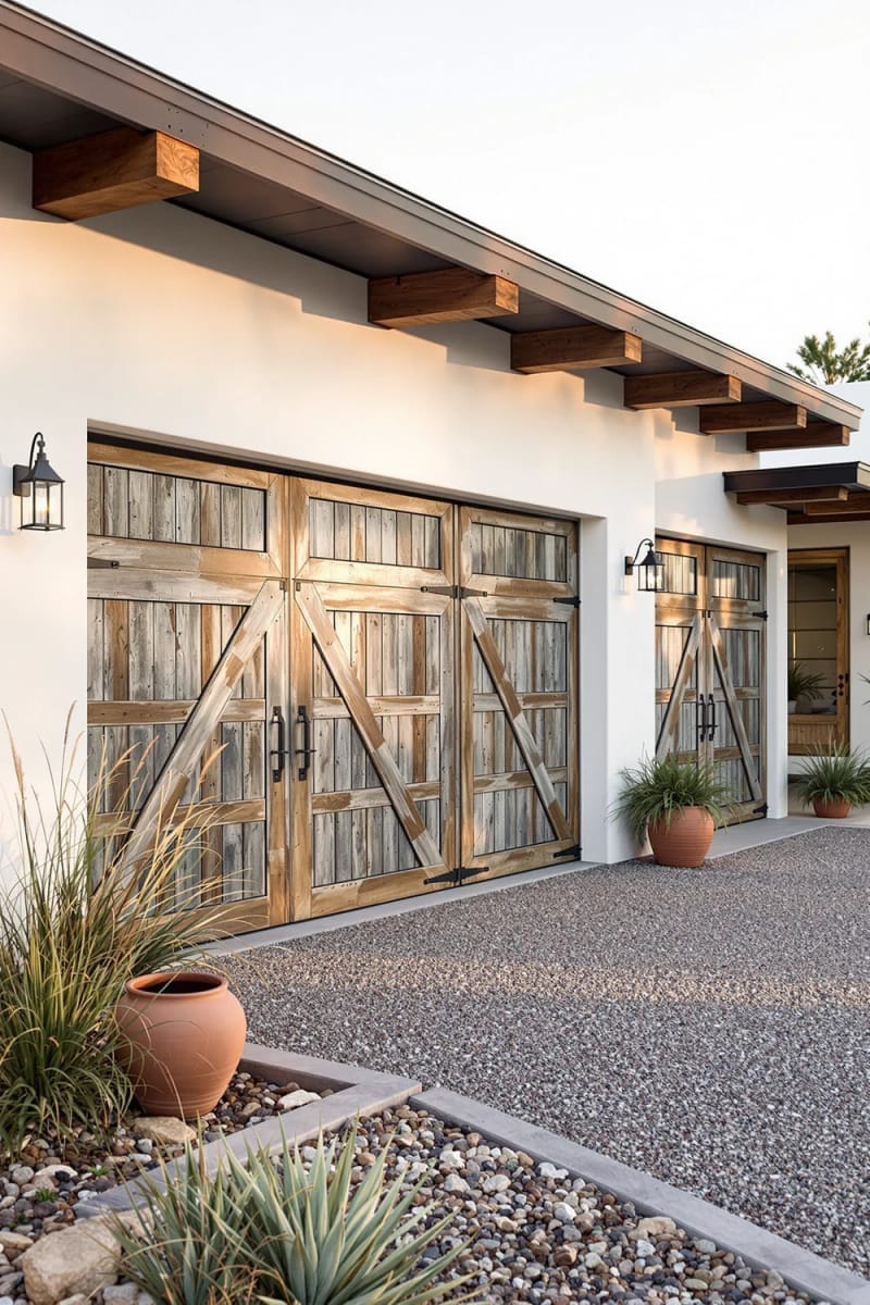 reclaimed barn wood garage doors set against a minimalist ranch exterior 1