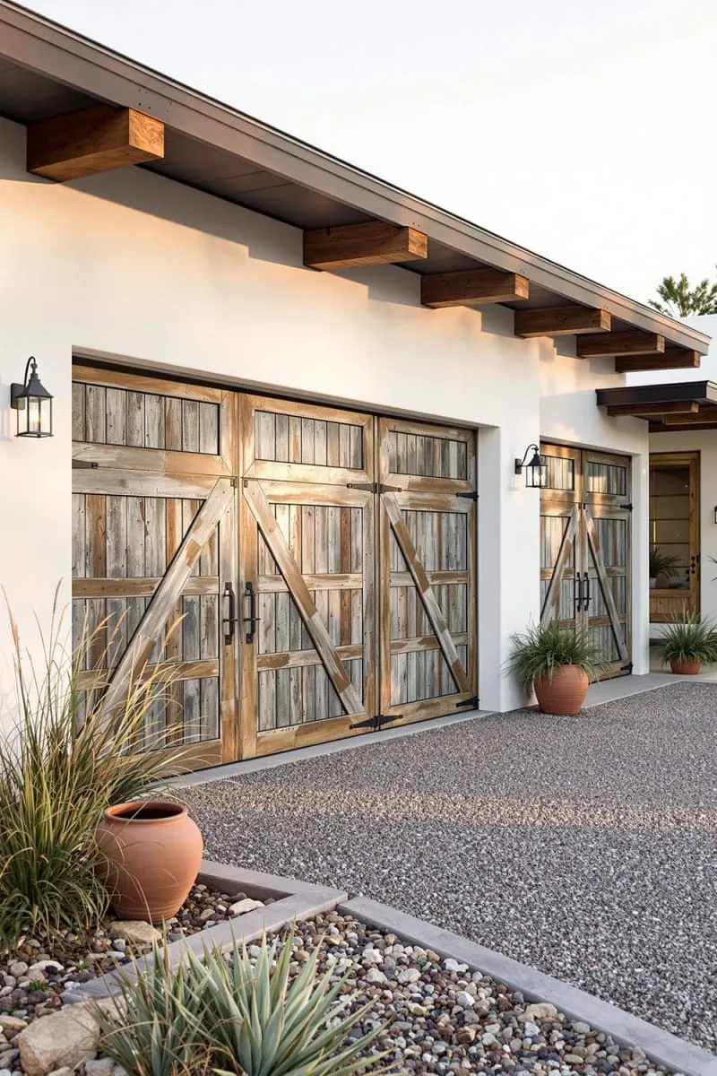 19 Ranch Style Home Exteriors to Inspire Your Next Makeover 54 reclaimed barn wood garage doors set against a minimalist ranch exterior 1
