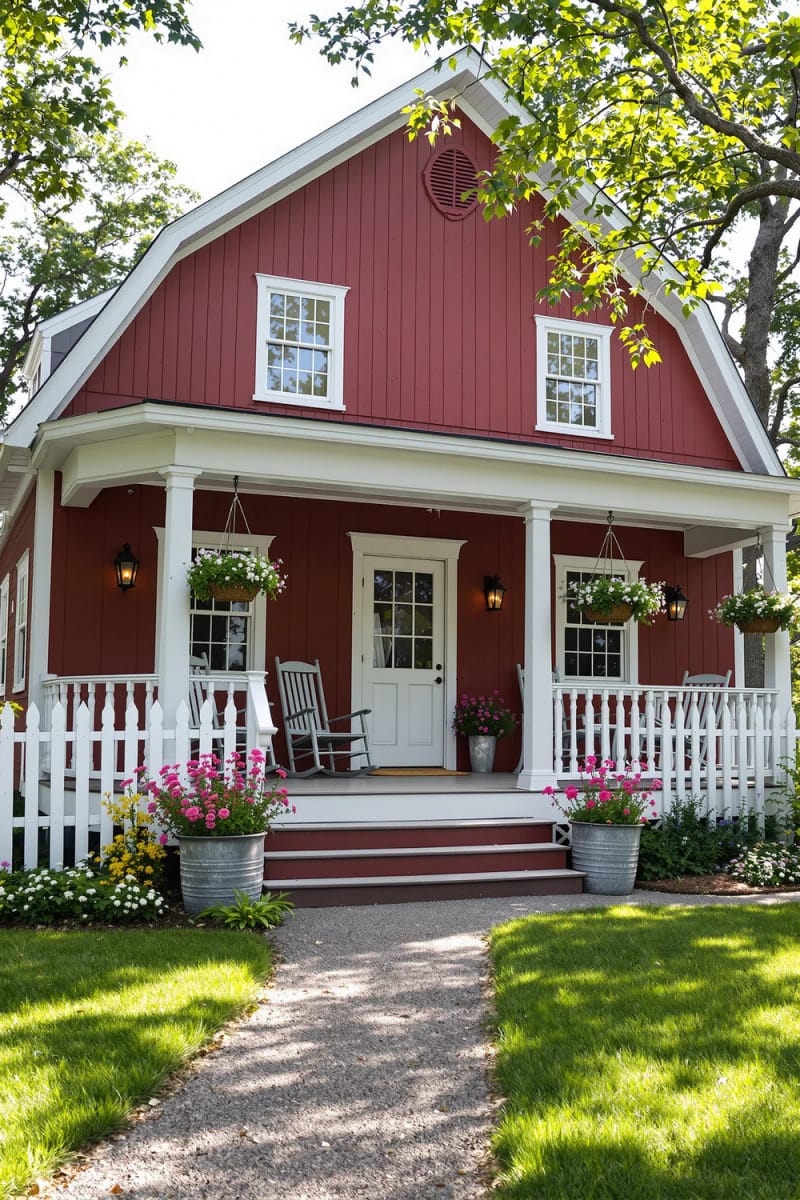 21 Small Barn House Designs with Modern Rustic Charm 34 red barn home with white trim and front porch 1