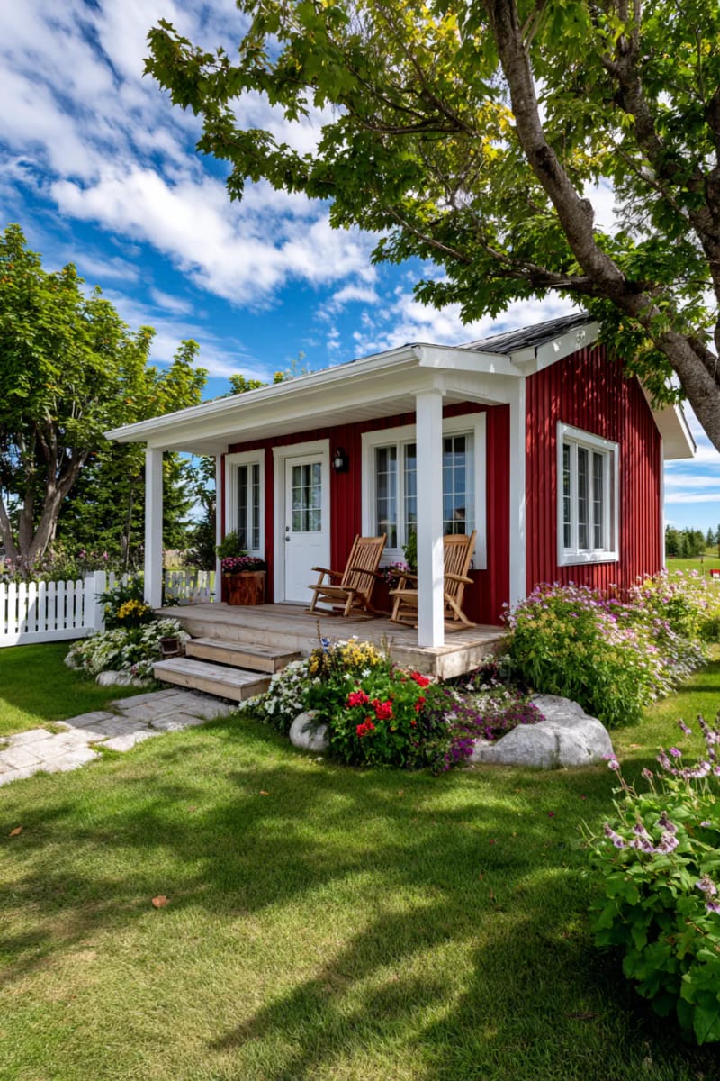 21 Small Barn House Designs with Modern Rustic Charm 35 red barn home with white trim and front porch 1