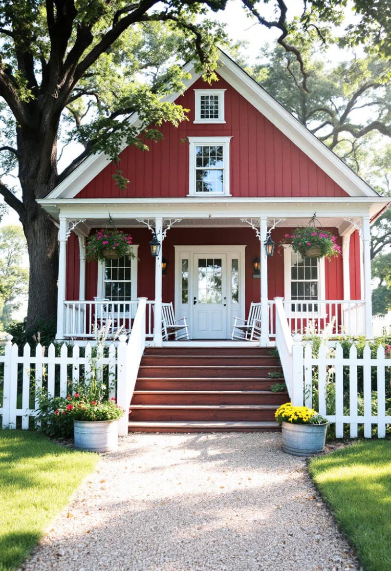 21 Small Barn House Designs with Modern Rustic Charm 36 red barn home with white trim and front porch 1