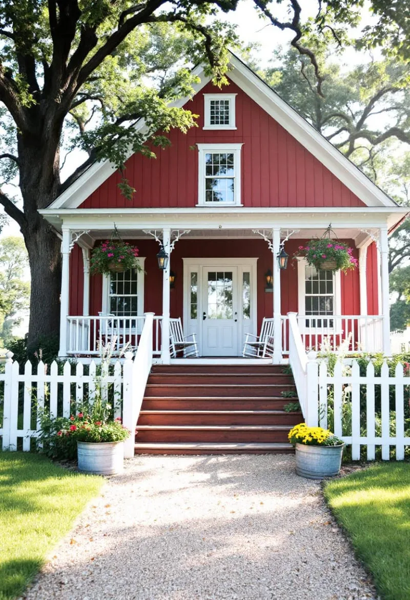 21 Small Barn House Designs with Modern Rustic Charm 36 red barn home with white trim and front porch 1