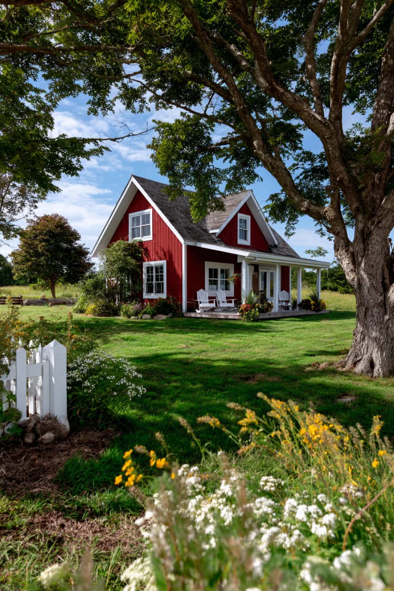 21 Small Barn House Designs with Modern Rustic Charm 37 red barn home with white trim and front porch 1