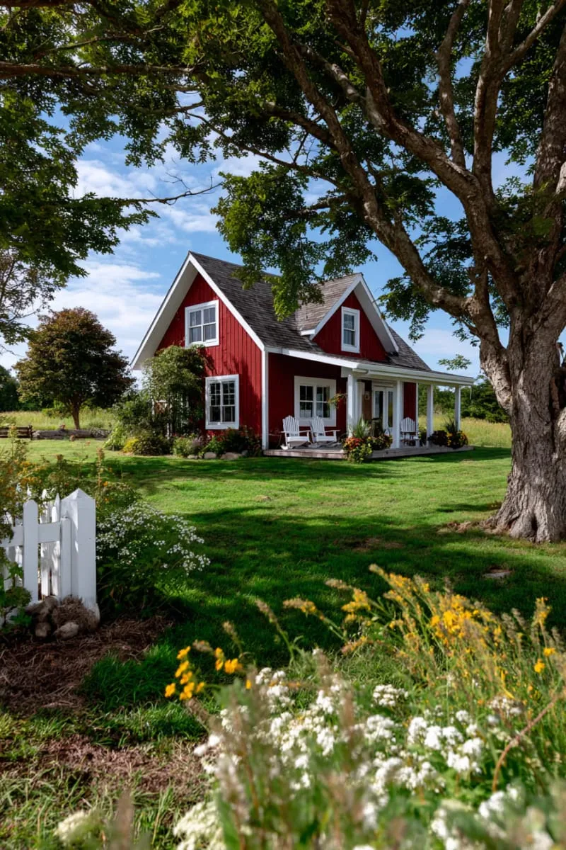 21 Small Barn House Designs with Modern Rustic Charm 37 red barn home with white trim and front porch 1