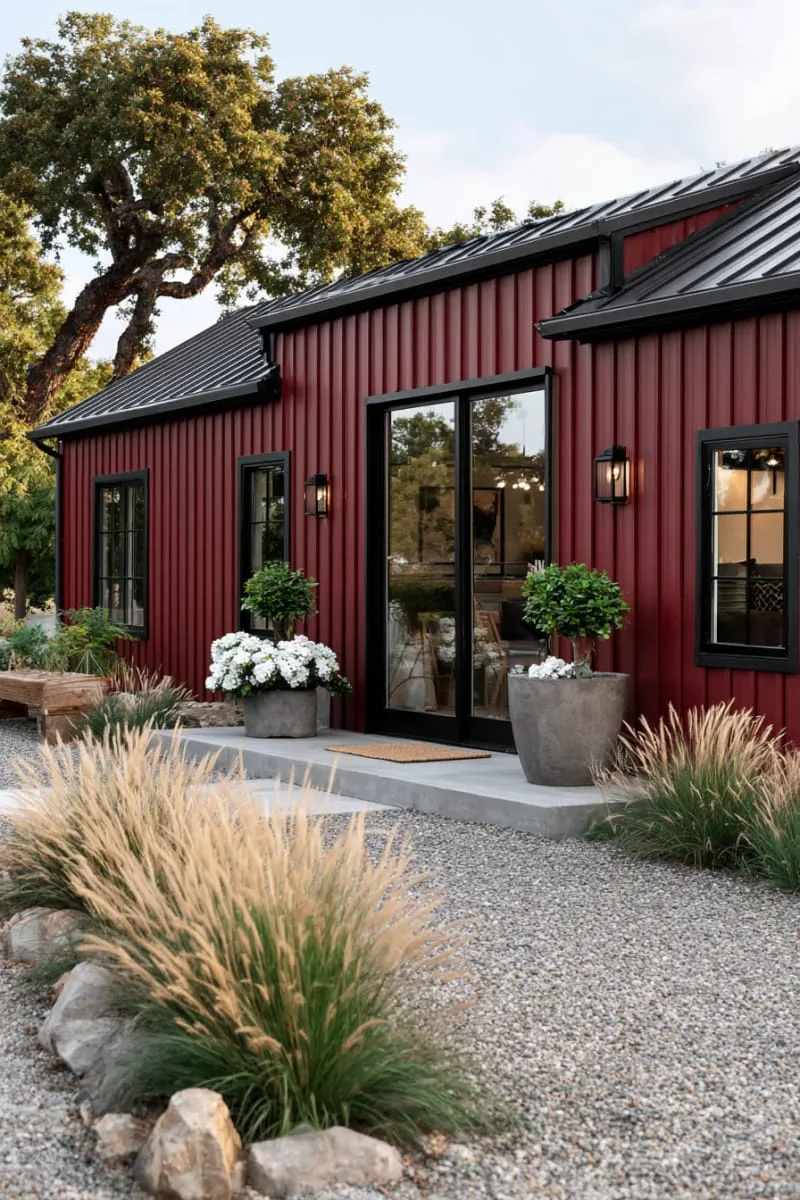 red barn paint with modern matte charcoal trim 1