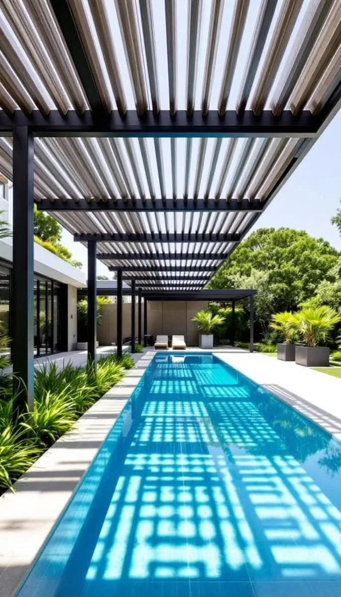 retractable-roof pergola for adjustable shade over a lap pool 1 retractable-roof pergola for adjustable shade over a lap pool 1