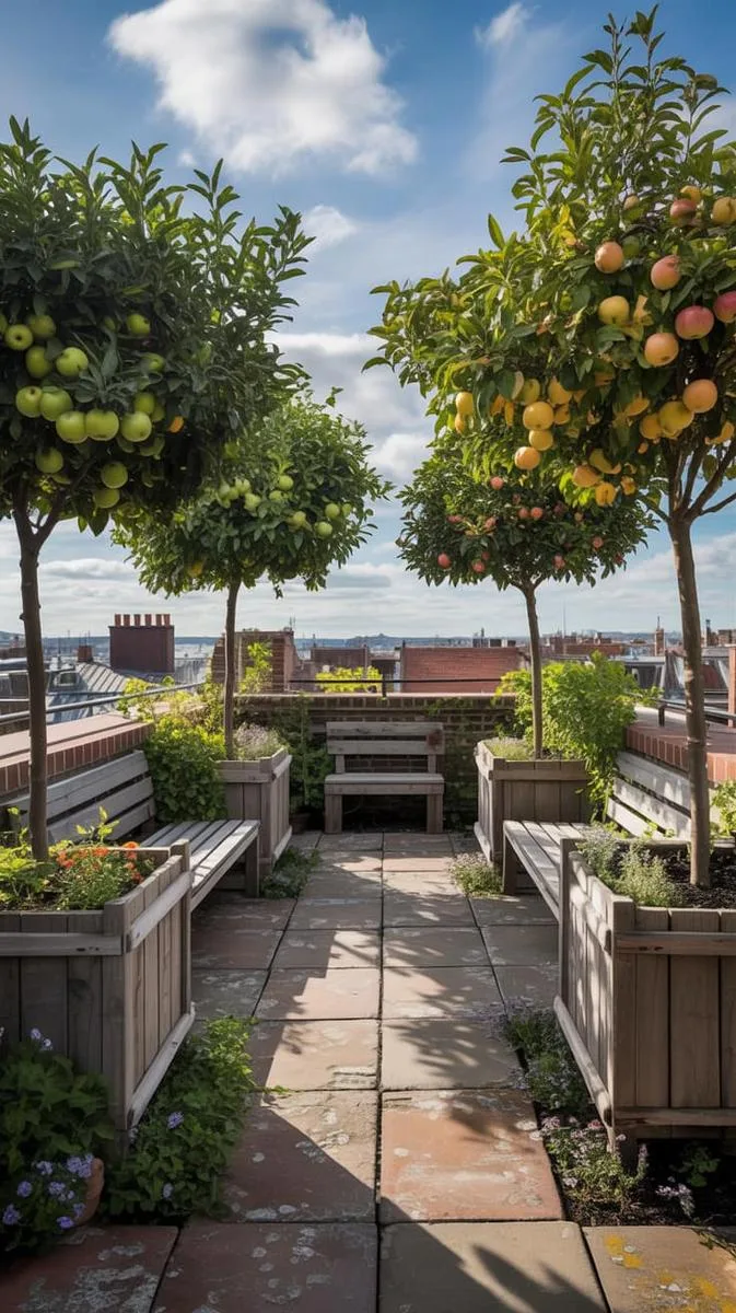 rooftop orchard featuring dwarf fruit trees and rustic benches 1
