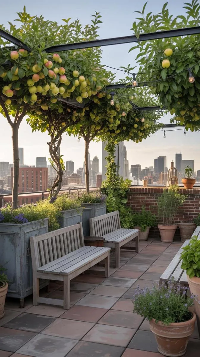 rooftop orchard featuring dwarf fruit trees and rustic benches 1