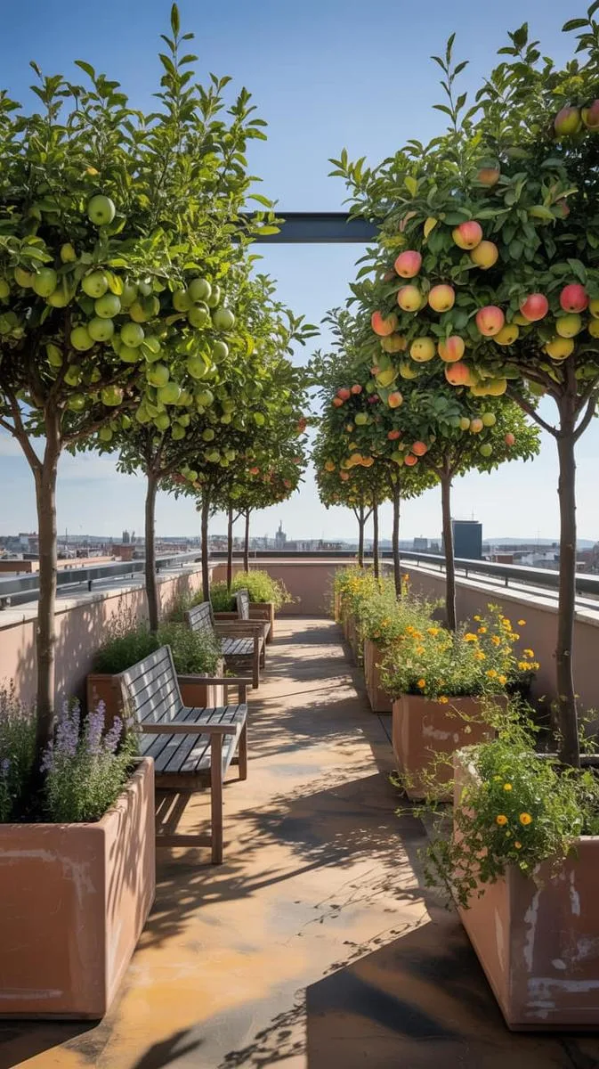 rooftop orchard featuring dwarf fruit trees and rustic benches 1