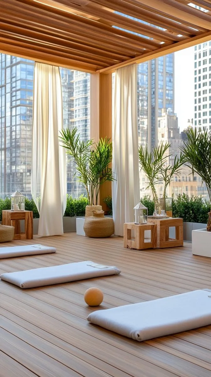 rooftop yoga sanctuary using natural wood decks and low-profile benches 1