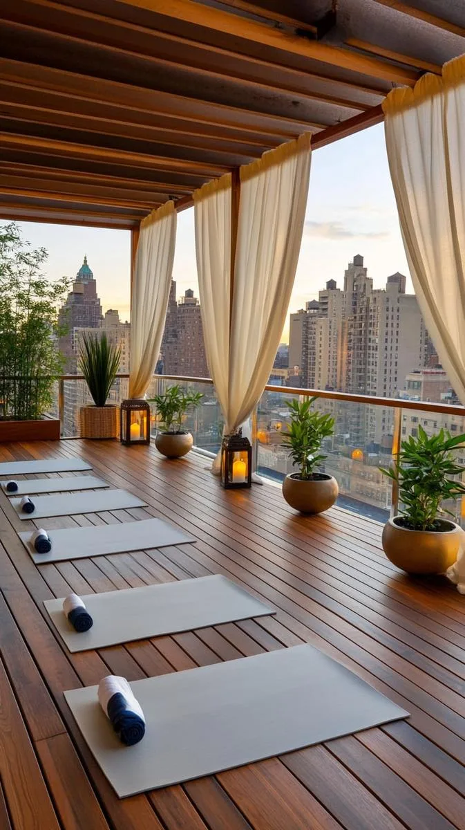 rooftop yoga sanctuary using natural wood decks and low-profile benches 1