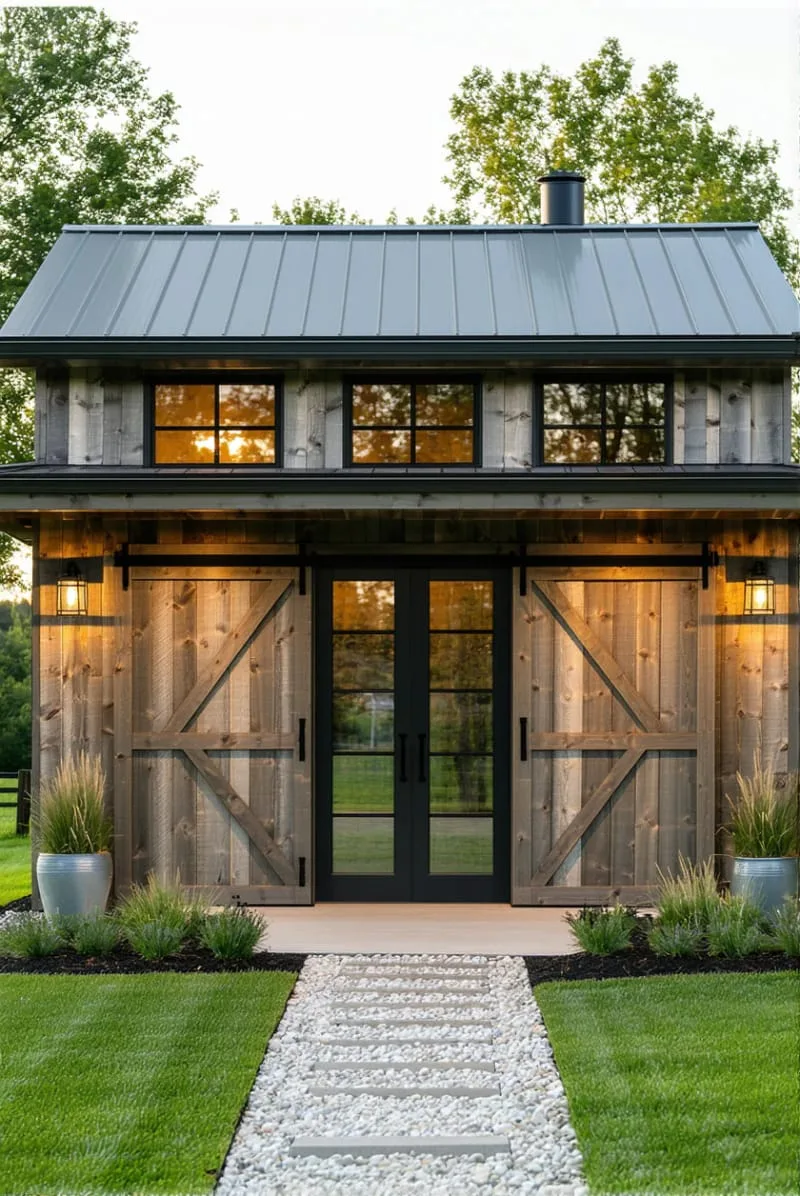 rustic barn doors paired with sleek modern metal roof accents 1