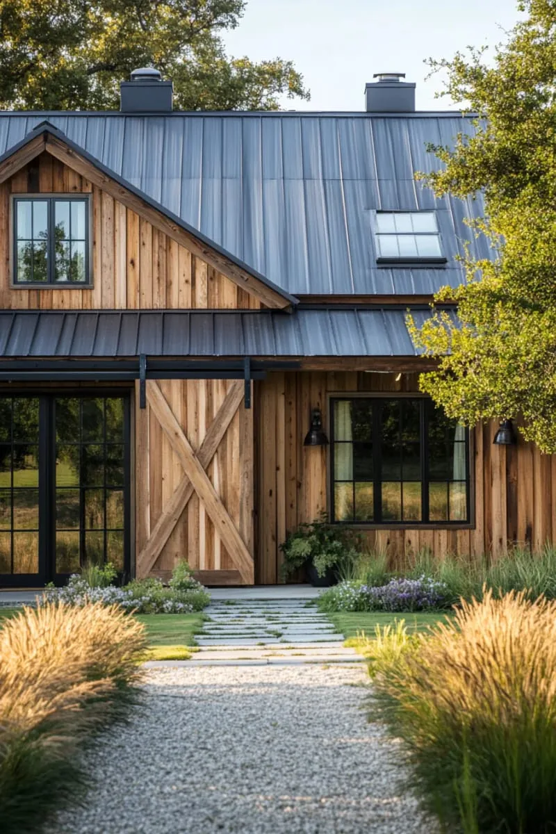 rustic barn doors paired with sleek modern metal roof accents 1