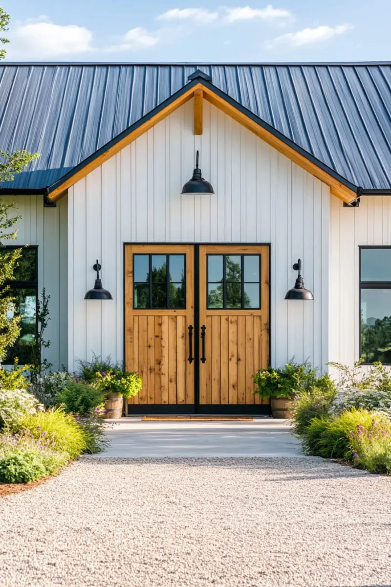 rustic barn doors paired with sleek modern metal roof accents 1