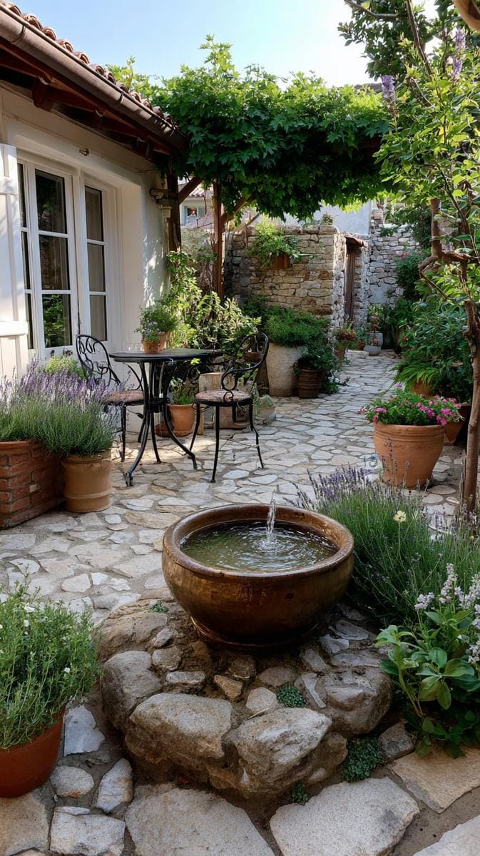 rustic courtyard garden with a vintage copper basin fountain centerpiece 1