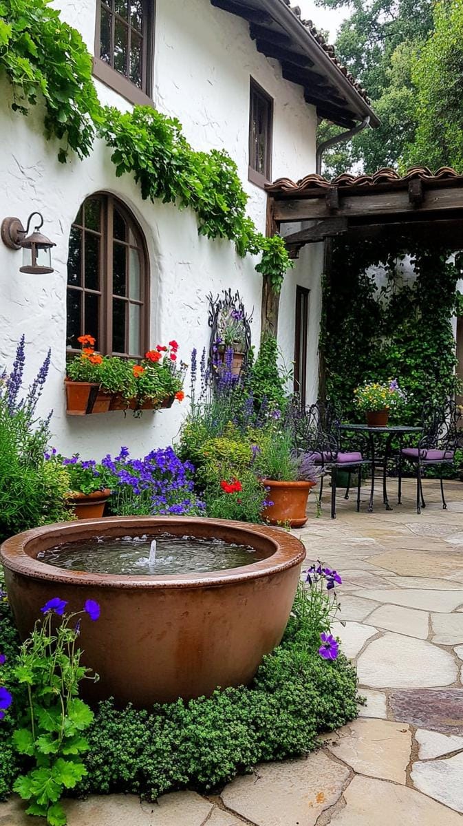 rustic courtyard garden with a vintage copper basin fountain centerpiece 1