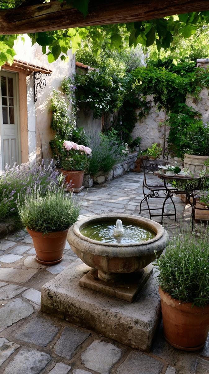 rustic courtyard garden with a vintage copper basin fountain centerpiece 1