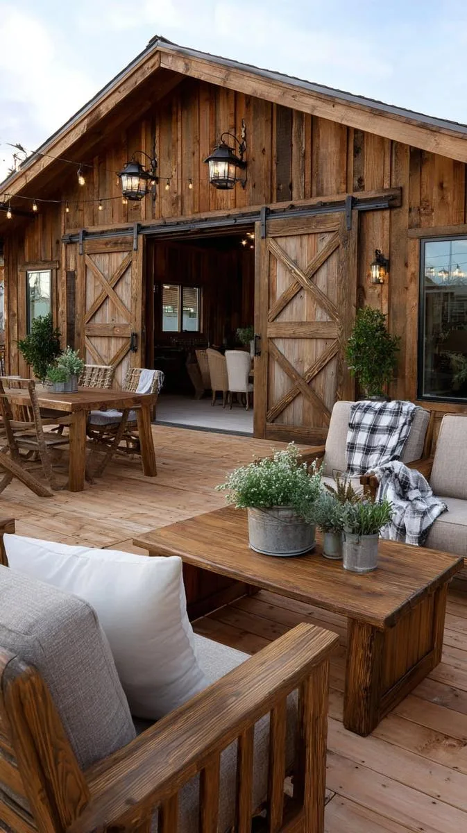 rustic farmhouse deck with barn doors, antique lanterns, and barrel tables 1