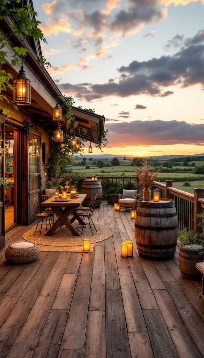 rustic farmhouse deck with barn doors, antique lanterns, and barrel tables 1