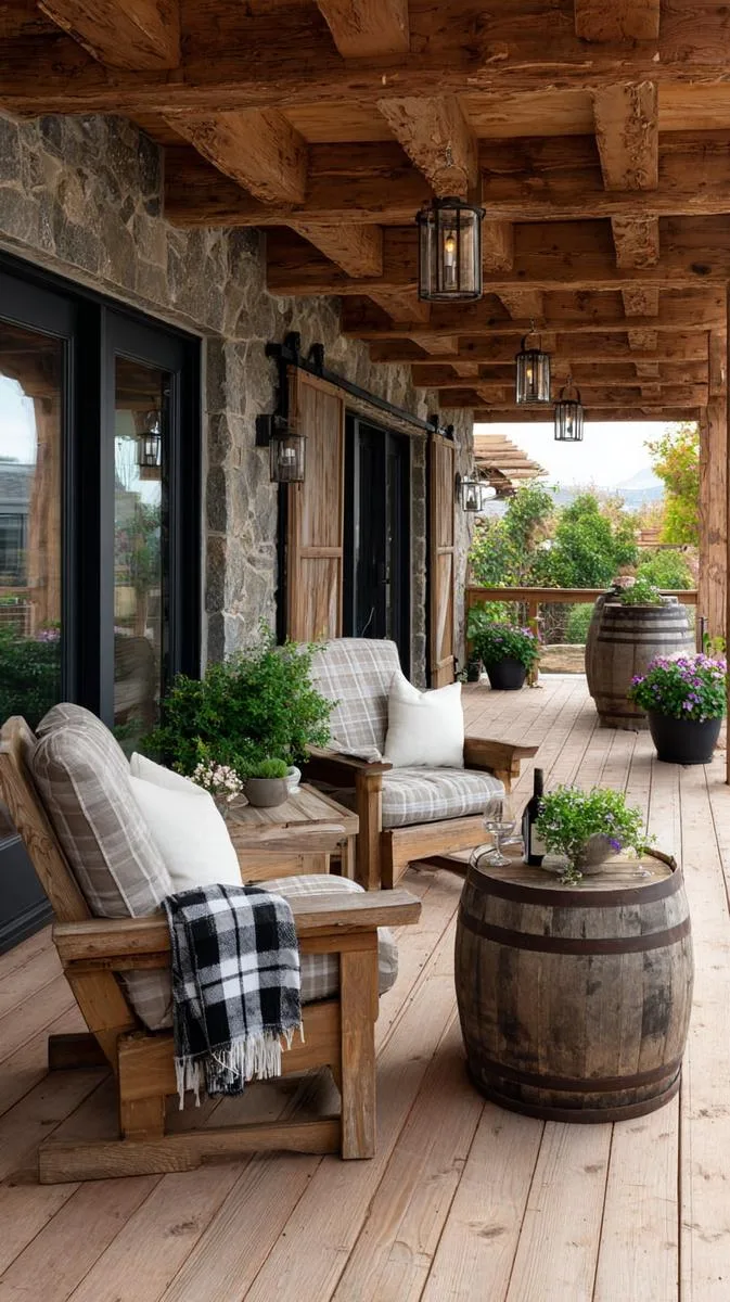 rustic farmhouse deck with barn doors, antique lanterns, and barrel tables 1