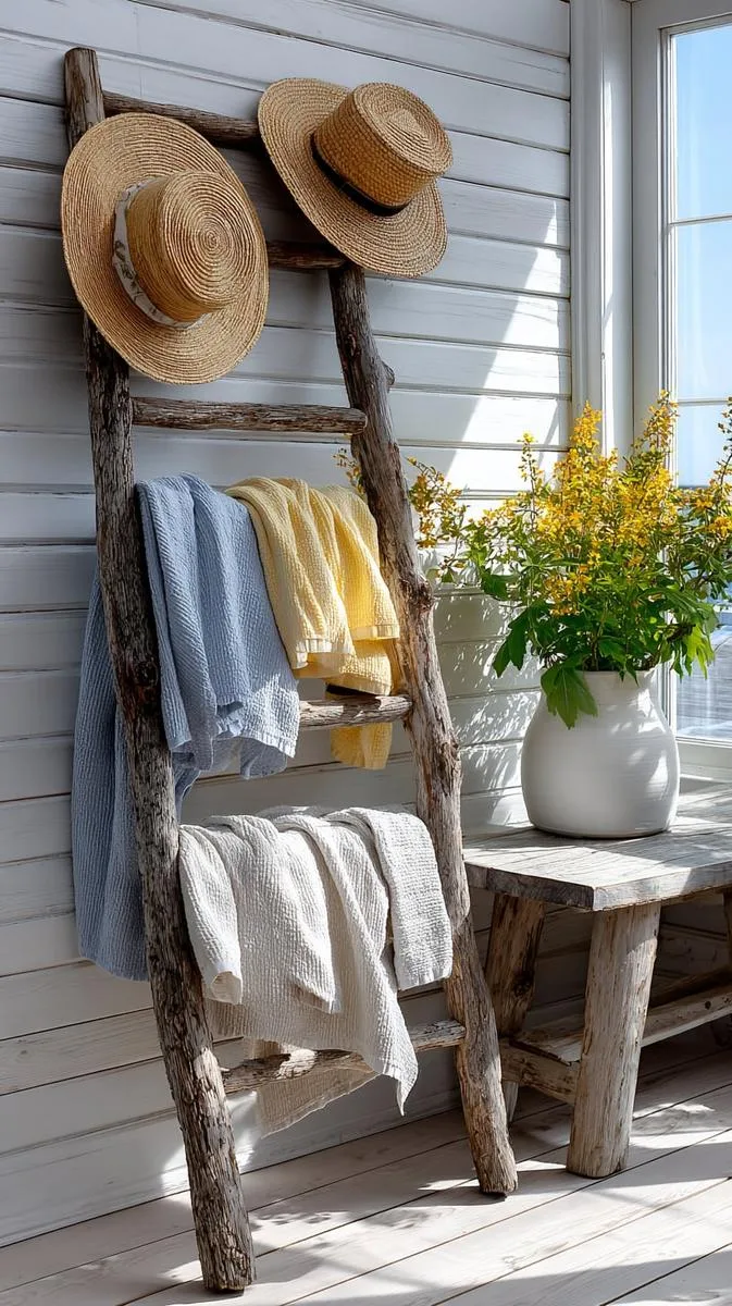 27 Dreamy Farmhouse Summer Decor Inspirations to Refresh Your Space 36 rustic ladder decorated with lightweight cotton throws and straw hats 1