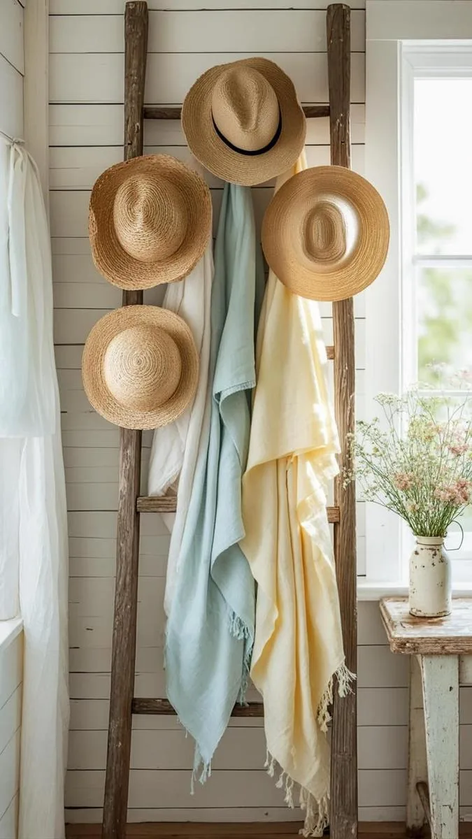 27 Dreamy Farmhouse Summer Decor Inspirations to Refresh Your Space 37 rustic ladder decorated with lightweight cotton throws and straw hats 1