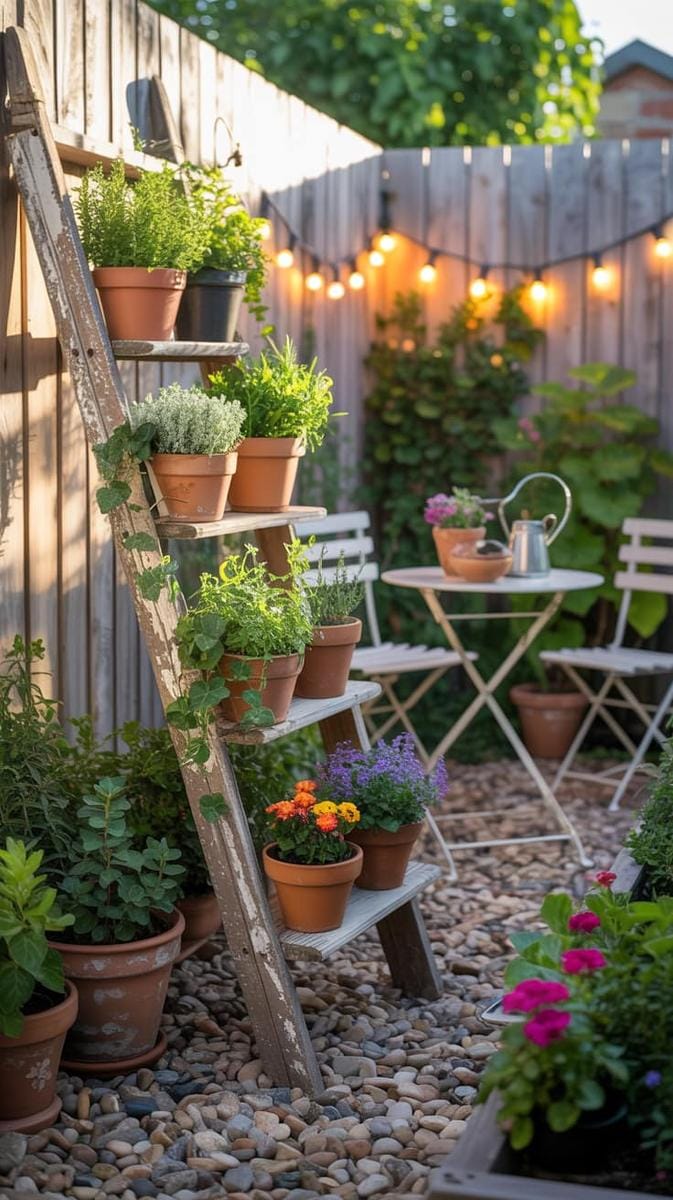 rustic ladder used as vertical planter display 1