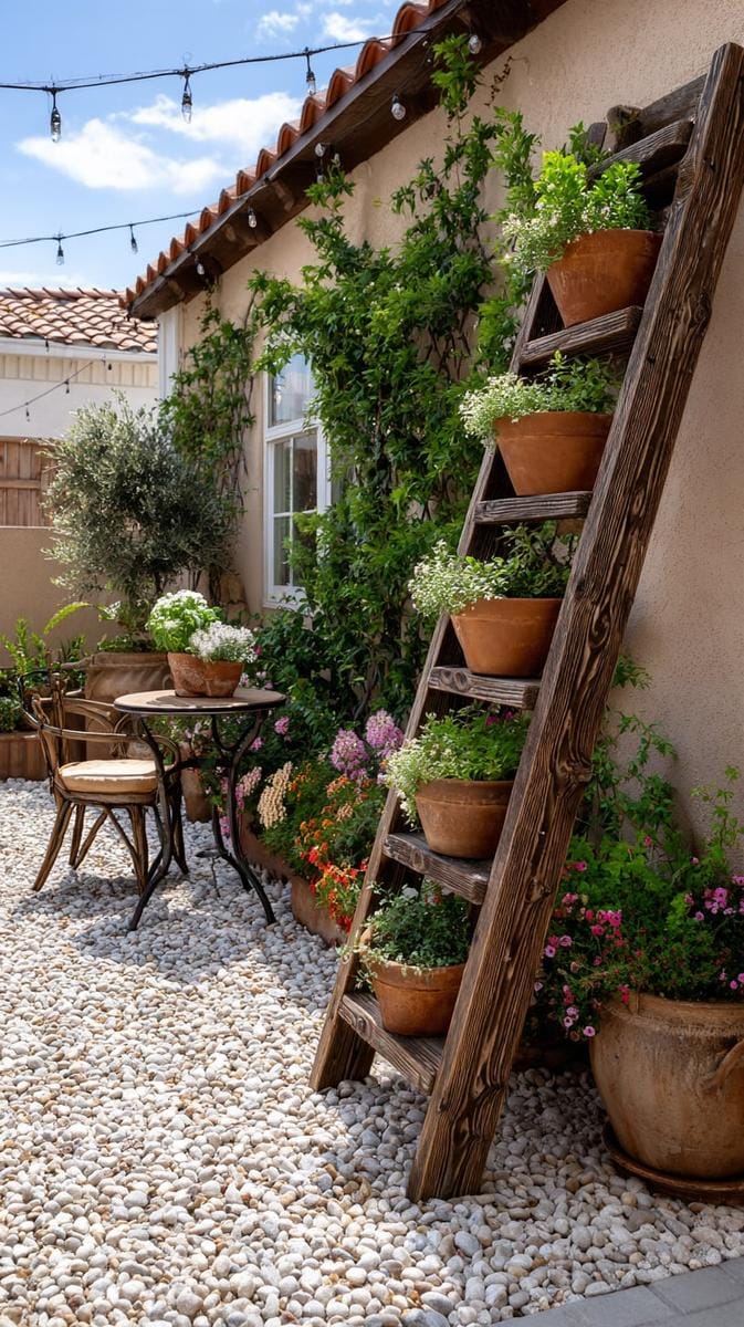 rustic ladder used as vertical planter display 1