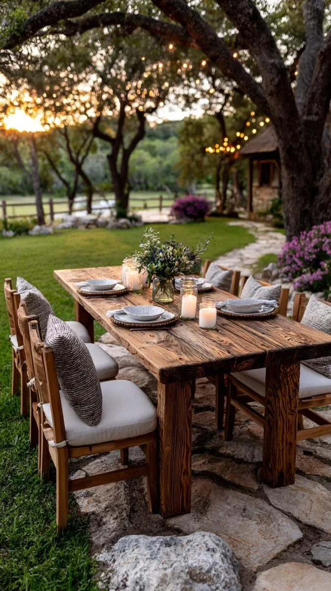 23 Inspiring Backyard No Deck Ideas to Try This Season 23 rustic outdoor dining table beneath a canopy of string lights 1