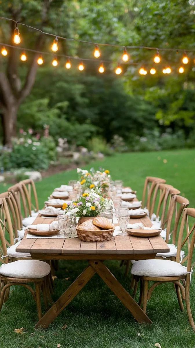 23 Inspiring Backyard No Deck Ideas to Try This Season 24 rustic outdoor dining table beneath a canopy of string lights 1