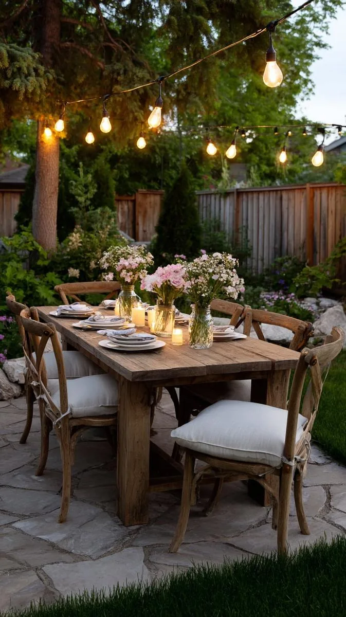 23 Inspiring Backyard No Deck Ideas to Try This Season 25 rustic outdoor dining table beneath a canopy of string lights 1