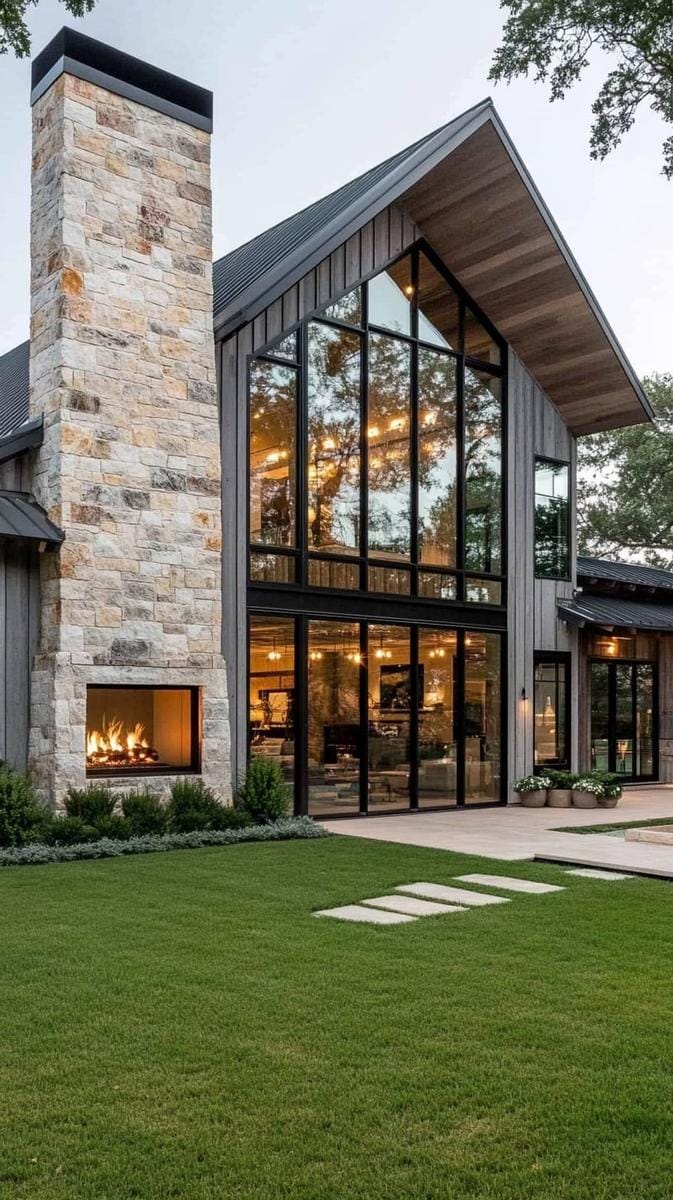 rustic stone chimney paired with contemporary floor-to-ceiling windows 1
