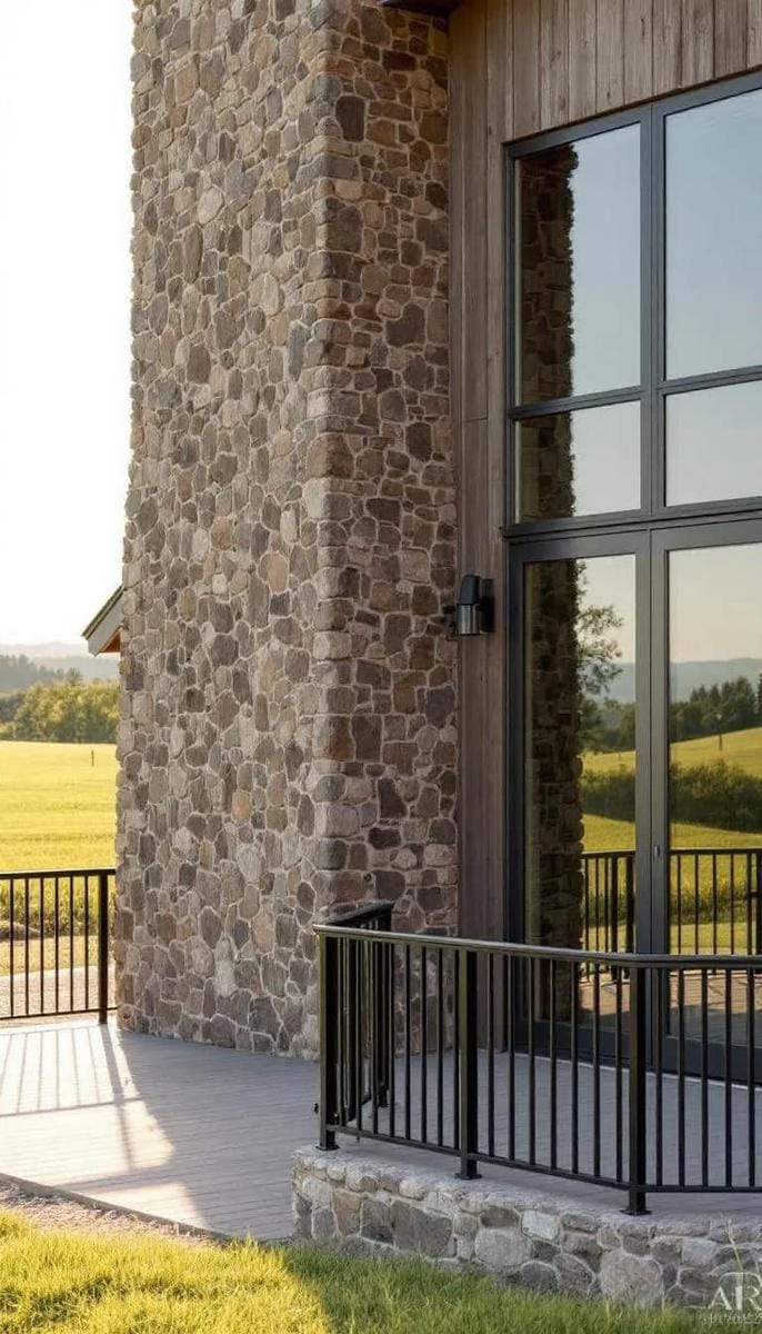 rustic stone chimney paired with contemporary floor-to-ceiling windows 1