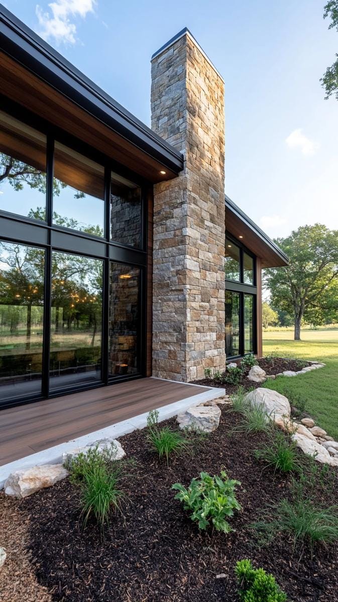 rustic stone chimney paired with contemporary floor-to-ceiling windows 1