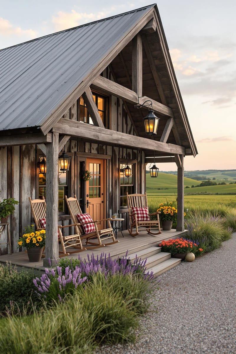 21 Small Barn House Designs with Modern Rustic Charm 4 rustic timber-frame barn with front porch seating 1
