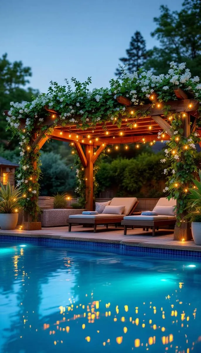 rustic wooden pergola with trailing vines and string lights above pool loungers 1 rustic wooden pergola with trailing vines and string lights above pool loungers 1
