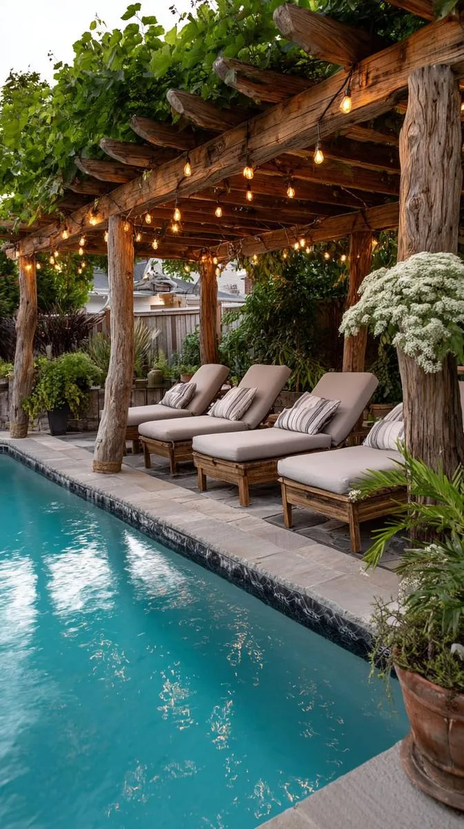 rustic wooden pergola with trailing vines and string lights above pool loungers 1 rustic wooden pergola with trailing vines and string lights above pool loungers 1