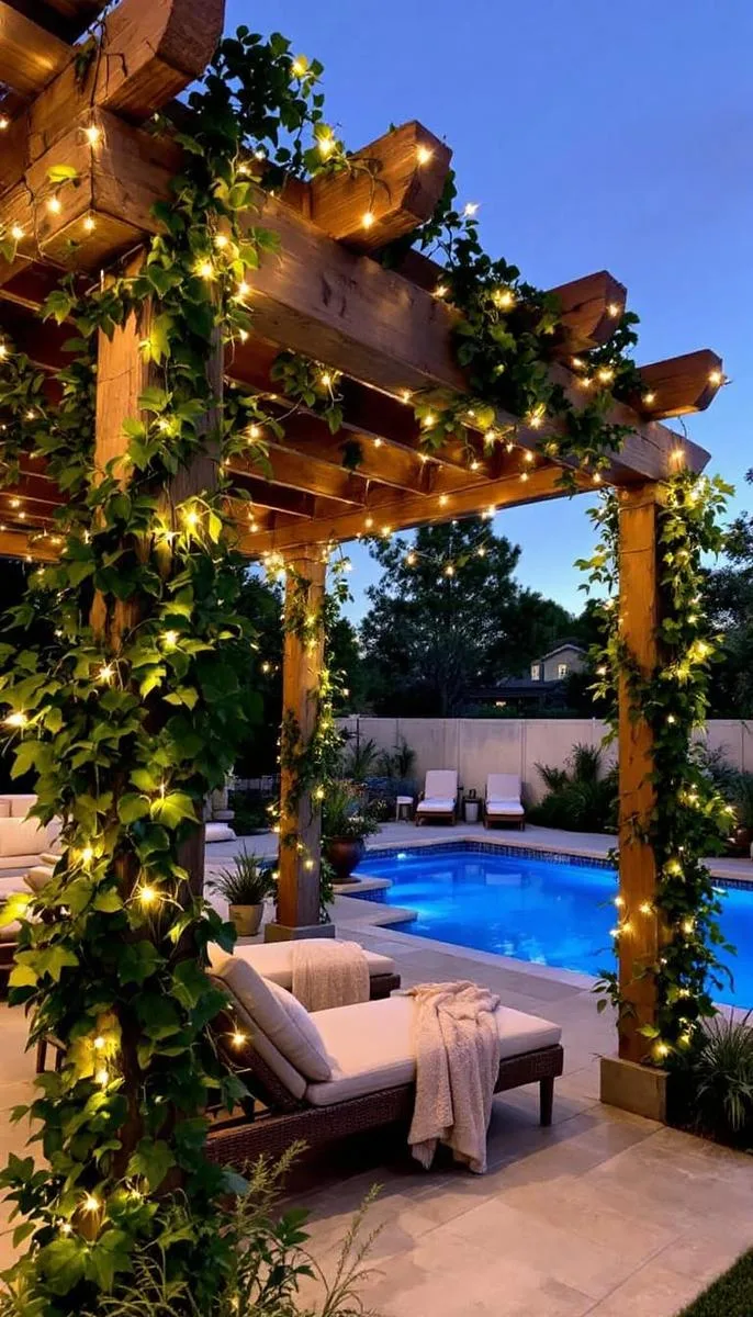 rustic wooden pergola with trailing vines and string lights above pool loungers 1 rustic wooden pergola with trailing vines and string lights above pool loungers 1
