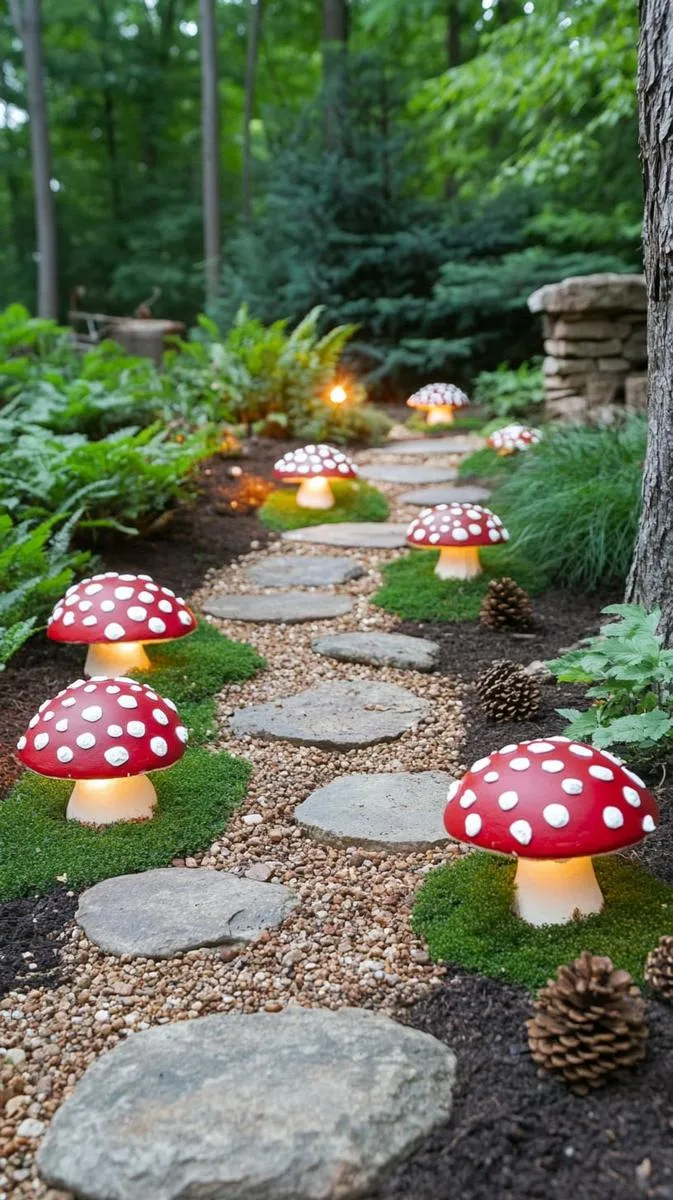 rustic woodland path lined with solar lanterns and whimsical toadstools 1