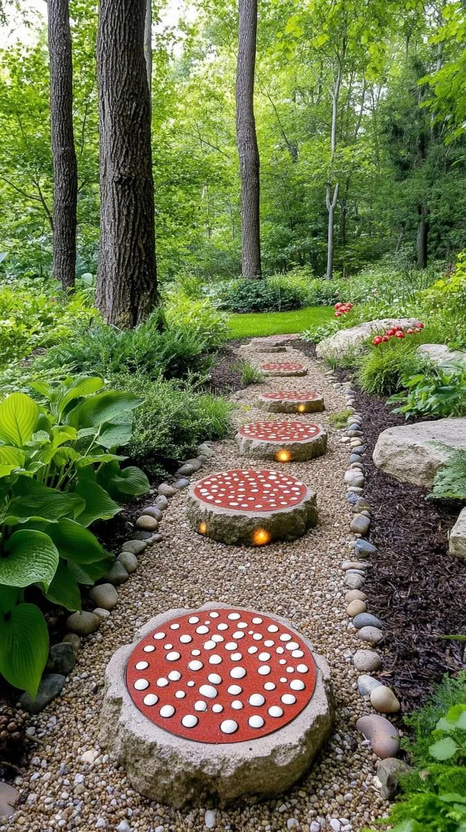 rustic woodland path lined with solar lanterns and whimsical toadstools 1