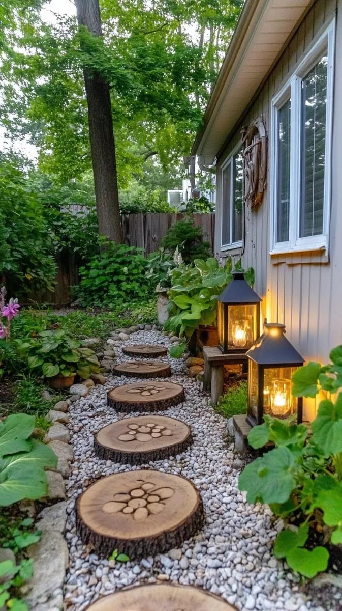 rustic woodland path lined with solar lanterns and whimsical toadstools 1