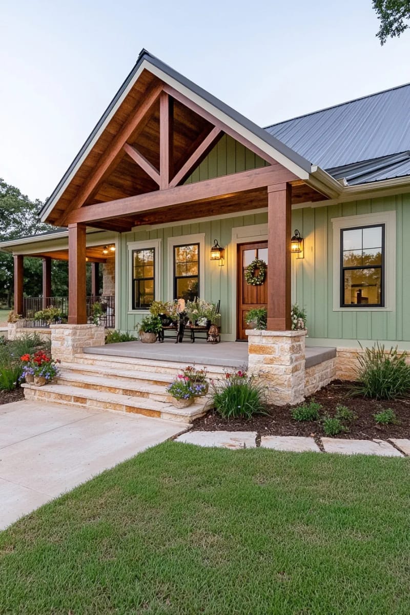 sage green board-and-batten siding with cedar accents for a cozy ranch vibe 1