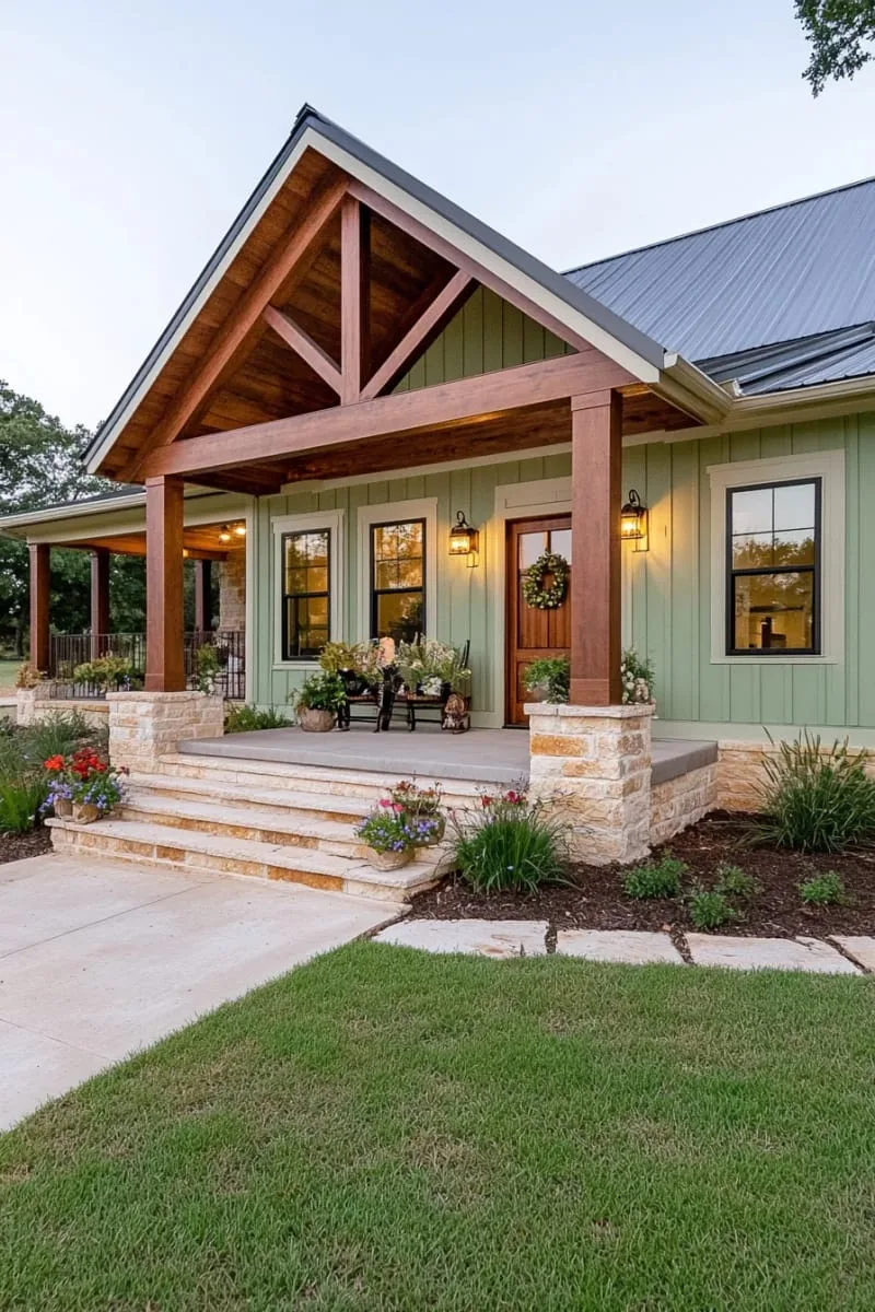 19 Ranch Style Home Exteriors to Inspire Your Next Makeover 2 sage green board-and-batten siding with cedar accents for a cozy ranch vibe 1