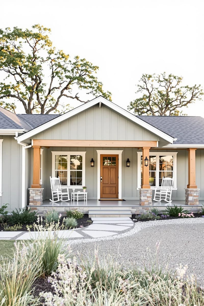 sage green board-and-batten siding with cedar accents for a cozy ranch vibe 1