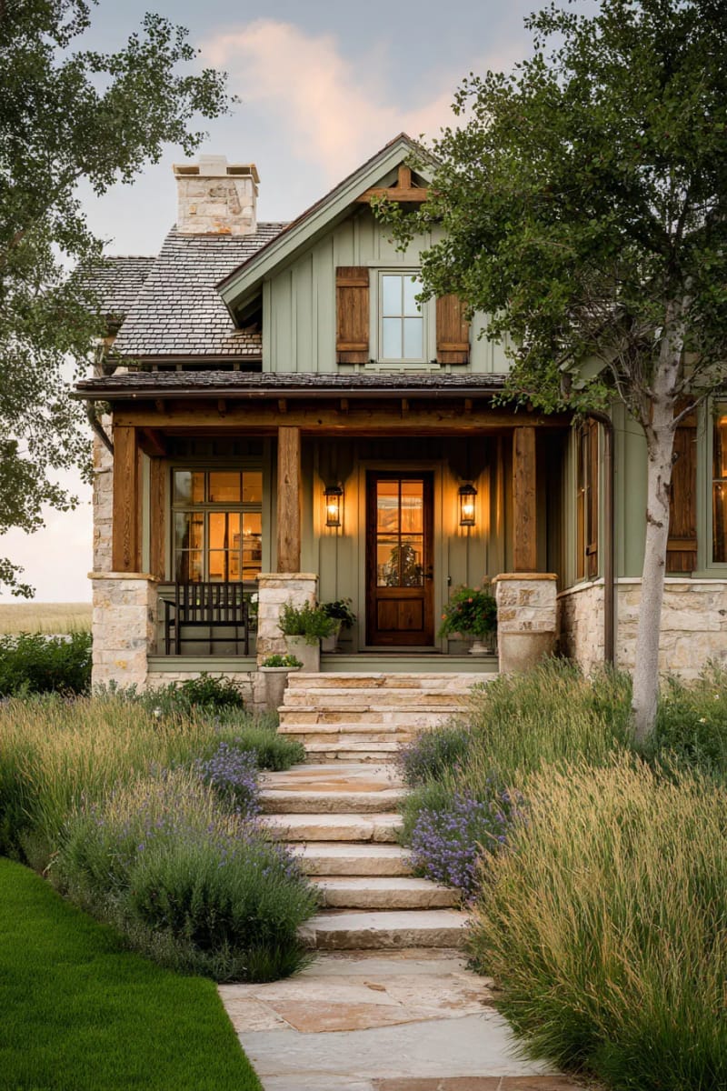 sage green board-and-batten siding with cedar accents for a cozy ranch vibe 1
