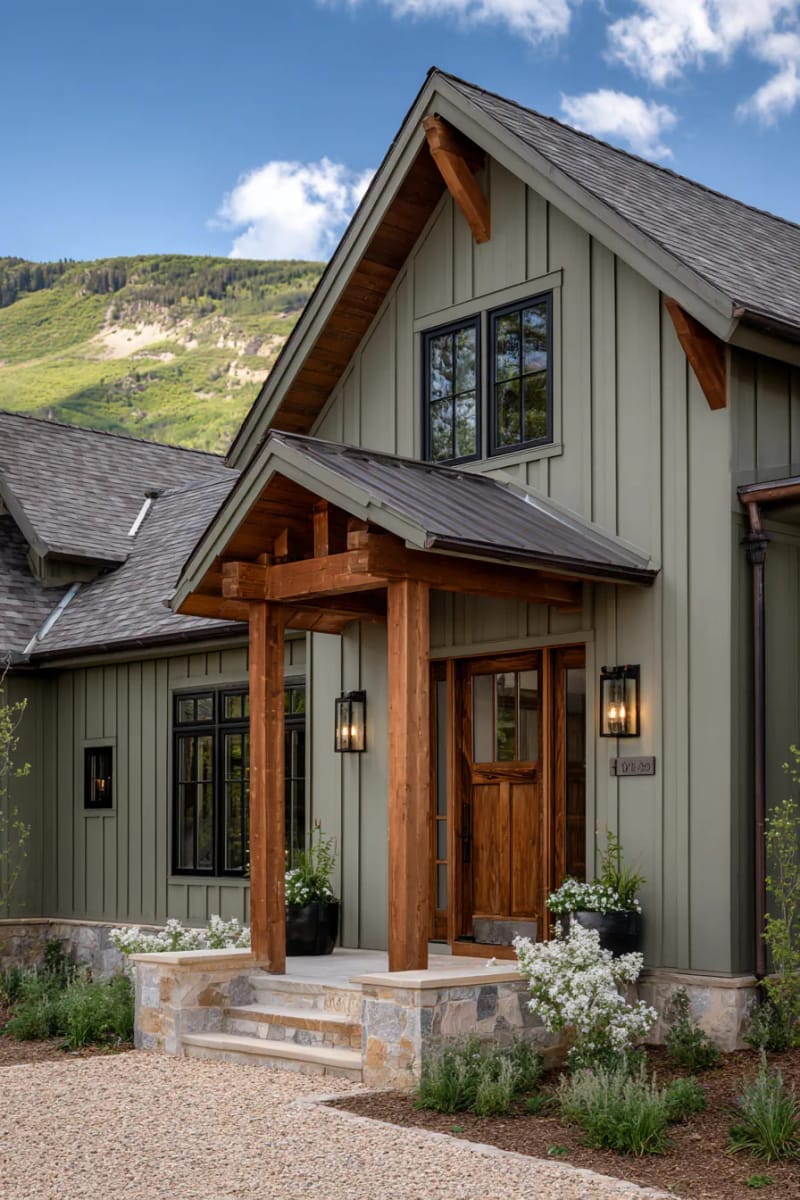 sage green board-and-batten siding with cedar accents for a cozy ranch vibe 1