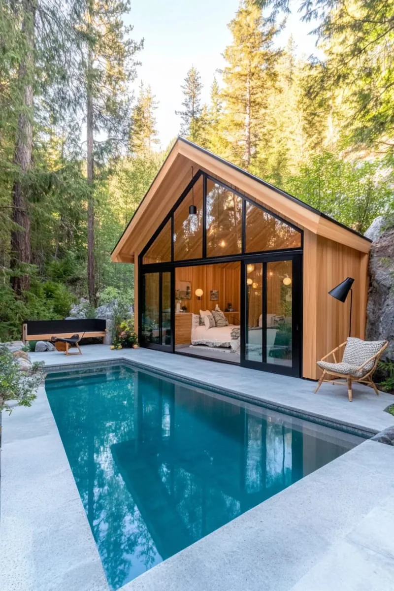 scandinavian-inspired mini pool house with pale woods and cozy throws 1