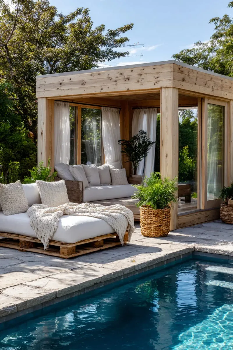 scandinavian-inspired mini pool house with pale woods and cozy throws 1