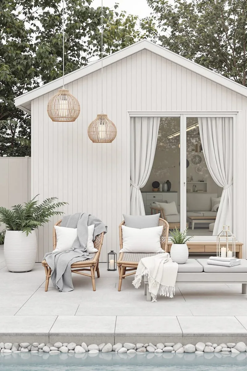 scandinavian-inspired mini pool house with pale woods and cozy throws 1